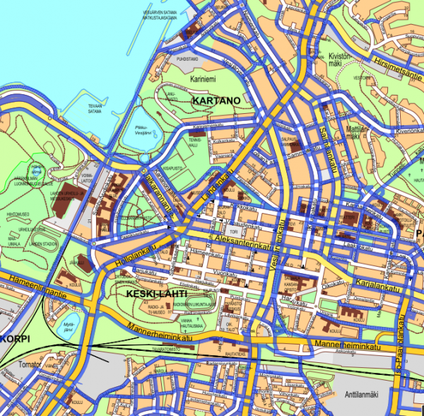 Lahden keskusta-alueen pyörätieverkko (Kuvakaappaus www.lahti.fi:n karttapalvelusta)