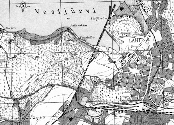 Topografinen kartta vuodelta 1931 mittakaavassa 1:20000. Läntisiä kaunginosia.